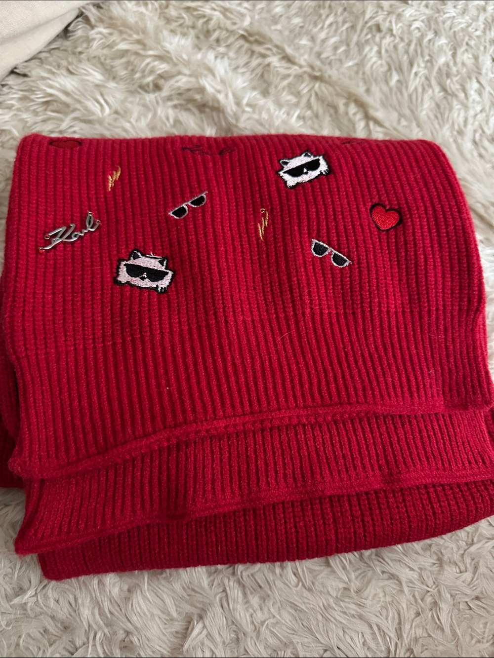Karl Lagerfeld Red Embroidered Knit Scarf with Character Patches